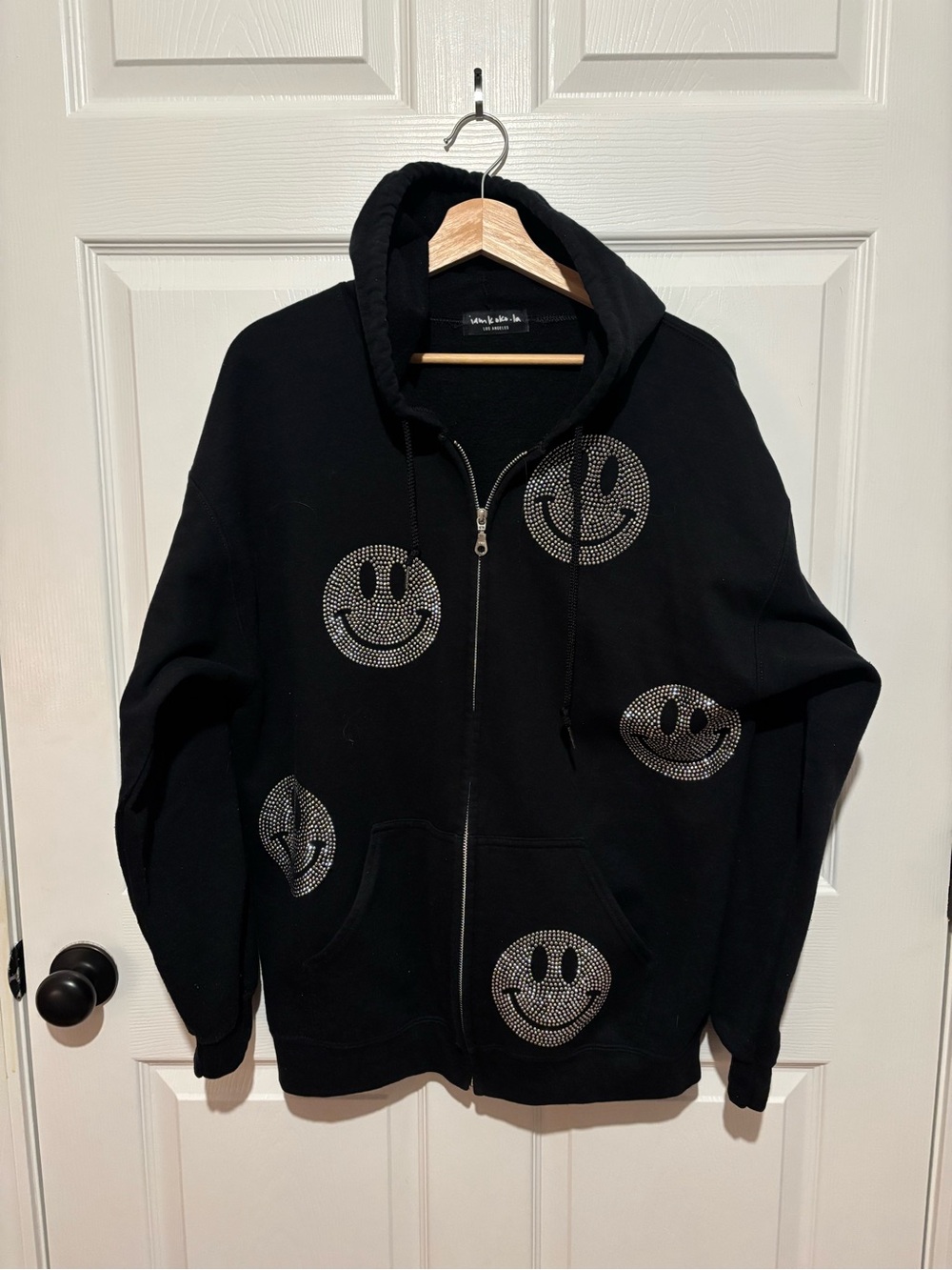 Iamkoko Black Zip-Up Hoodie with Rhinestone Smiley Faces